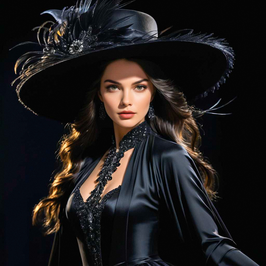 Elegant Woman in Black Satin Gown with Elaborate Hat