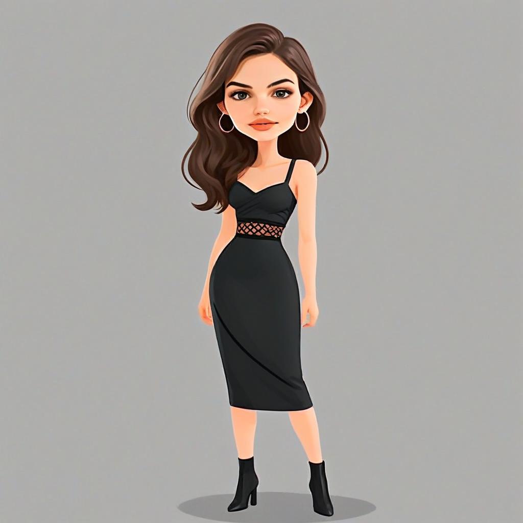 Contemporary Cartoon Woman with Pretty Face and Hair in Black Dress