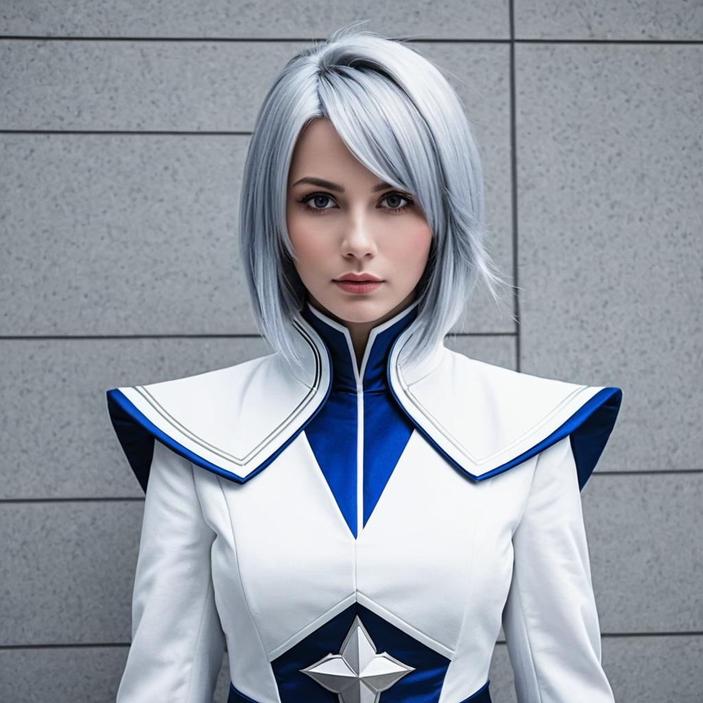 Futuristic Woman in White and Blue Uniform with Silver Hair Portrait