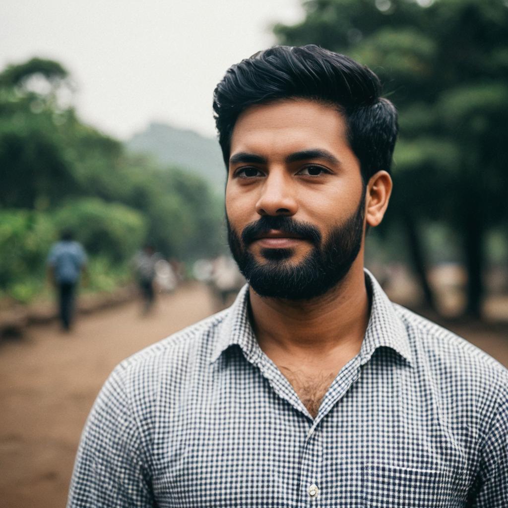 Portrait of Marathi Man in Checked Shirt Outdoors with Facial Hair
