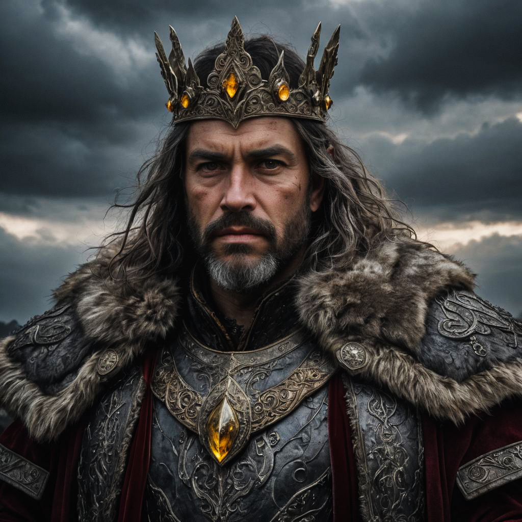 Regal King in Armor with Crown