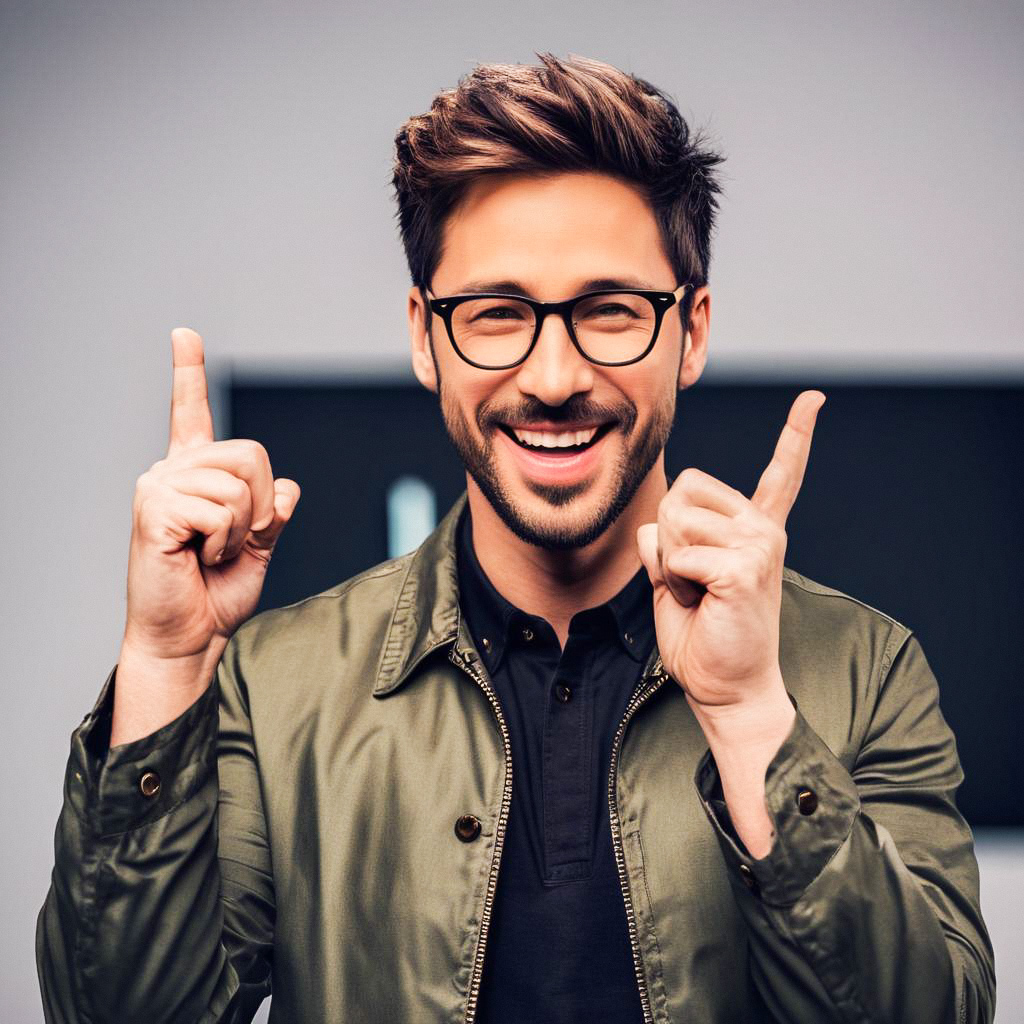 Cheerful young man in olive jacket pointing up Cheerful young man in olive jacket pointing up