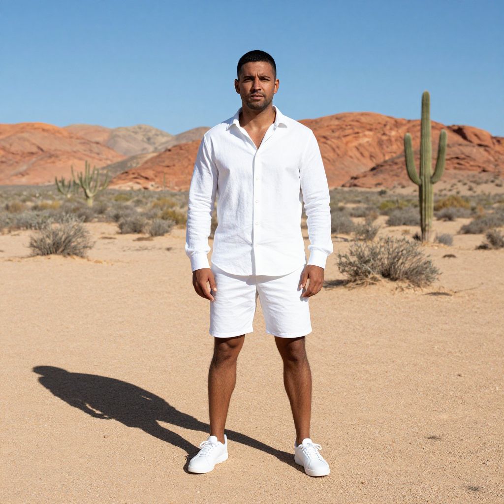 Man in White Outfit Standing in Desert Landscape with Cacti