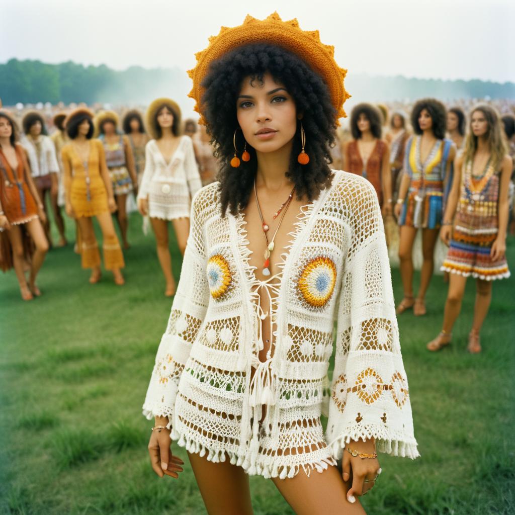 Vibrant Summer Festival Scene with Woman in Crocheted Cover-Up