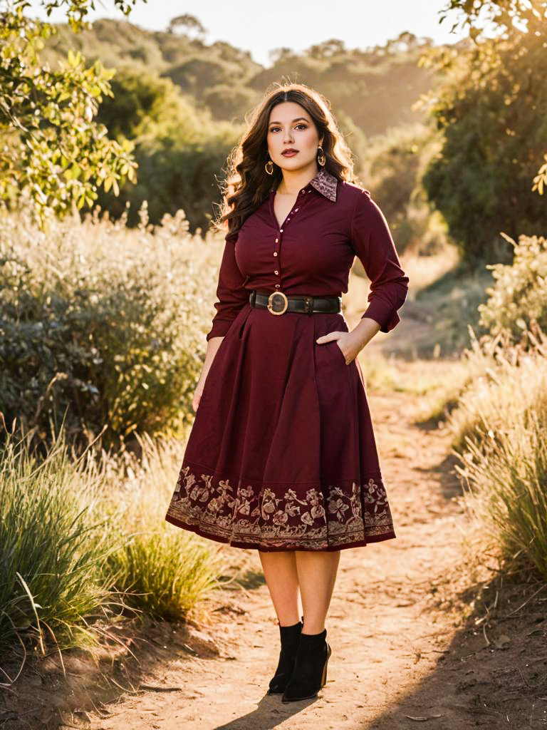 Woman in Burgundy Dress in Outdoor Setting