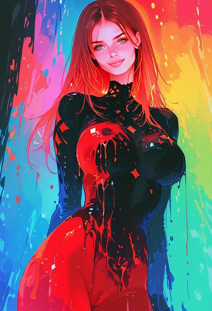 Digital Art Illustration of Woman in Glossy Black and Red Bodysuit with Vibrant Colorful Background