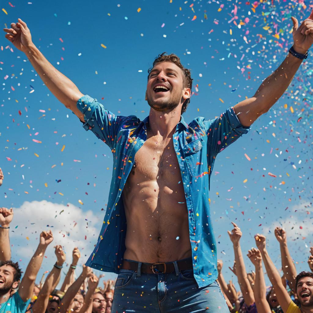 Jubilant man celebrating with confetti