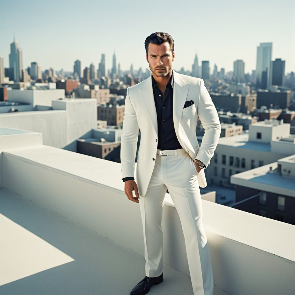 Confident man in white suit on rooftop with cityscape