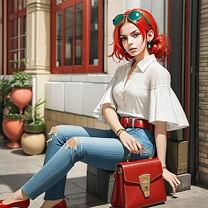 Chic Young Woman with Red Hair in Urban Setting