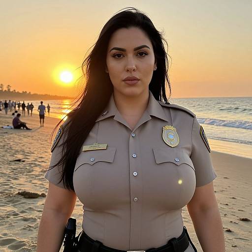 Female Police Officer Standing on Beach at Sunset
