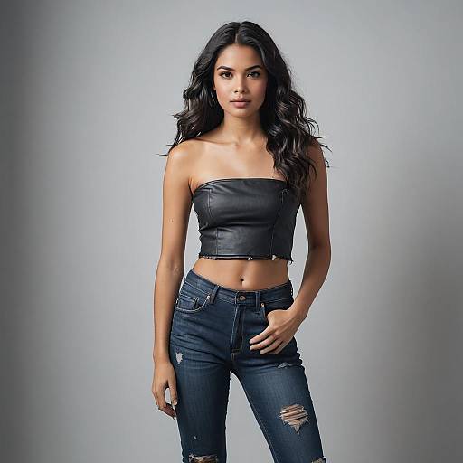 Confident Woman in Black Leather Tube Top and Distressed Jeans