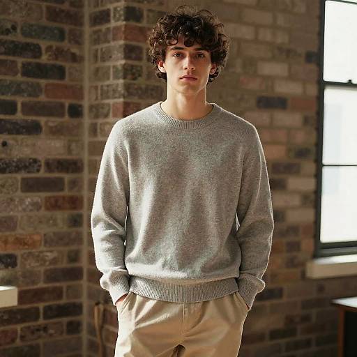 Young Man in Grey Sweater Standing by Brick Wall Indoors