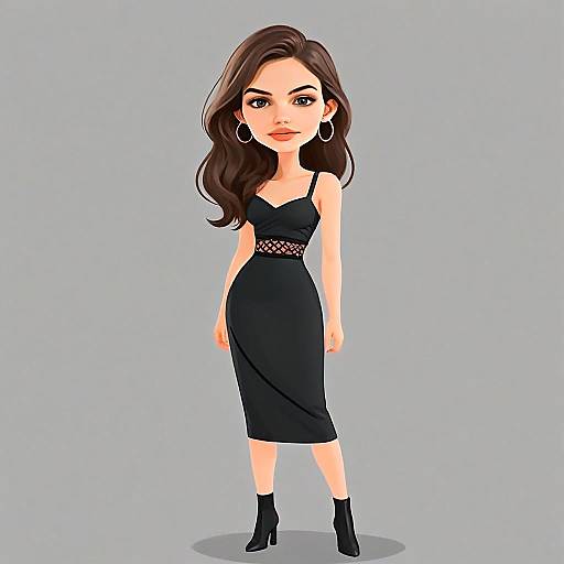 Contemporary Cartoon Woman with Pretty Face and Hair in Black Dress