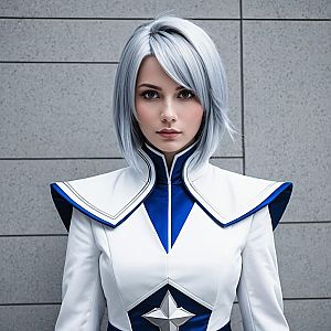 Futuristic Woman in White and Blue Uniform with Silver Hair Portrait