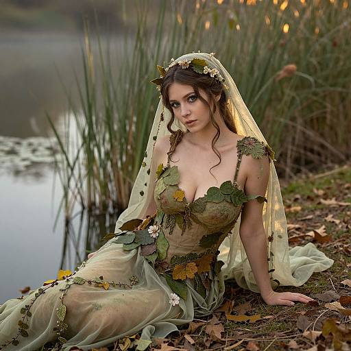 Woman in Nature-Inspired Leaf Dress by Lakeside