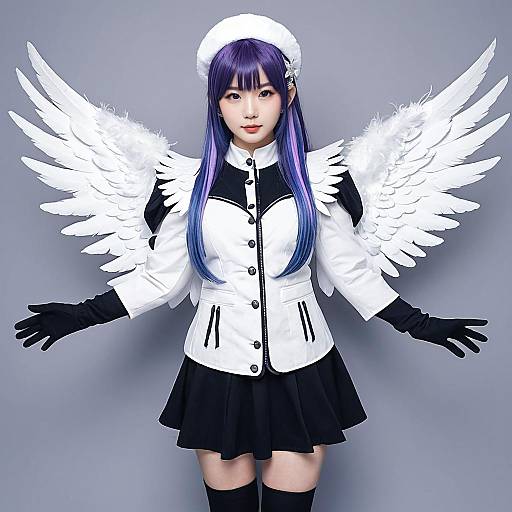 Cosplay Woman with Angel Wings and Purple Hair in White and Black Outfit