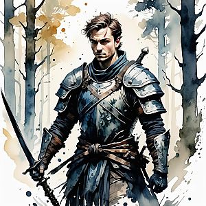 Determined Warrior in Medieval Armor in Misty Forest