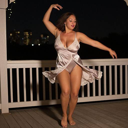 Woman Dancing Gracefully on Wooden Deck at Night in Satin Slip Dress