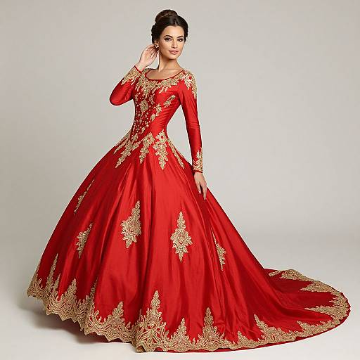 Elegant Red Ball Gown with Gold Embroidery and Long Train