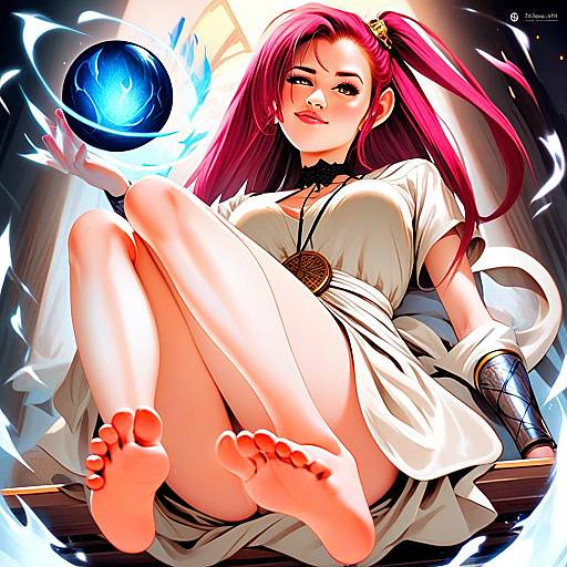Anime Style Woman with Pink Hair and Magical Blue Orb