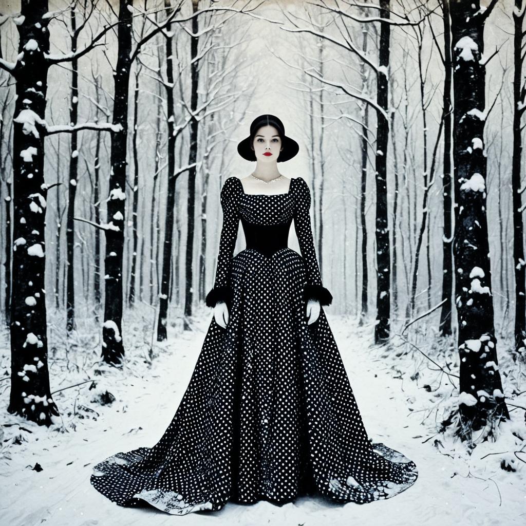 Elegant Woman in Vintage Polka Dot Gown Standing in Snowy Forest