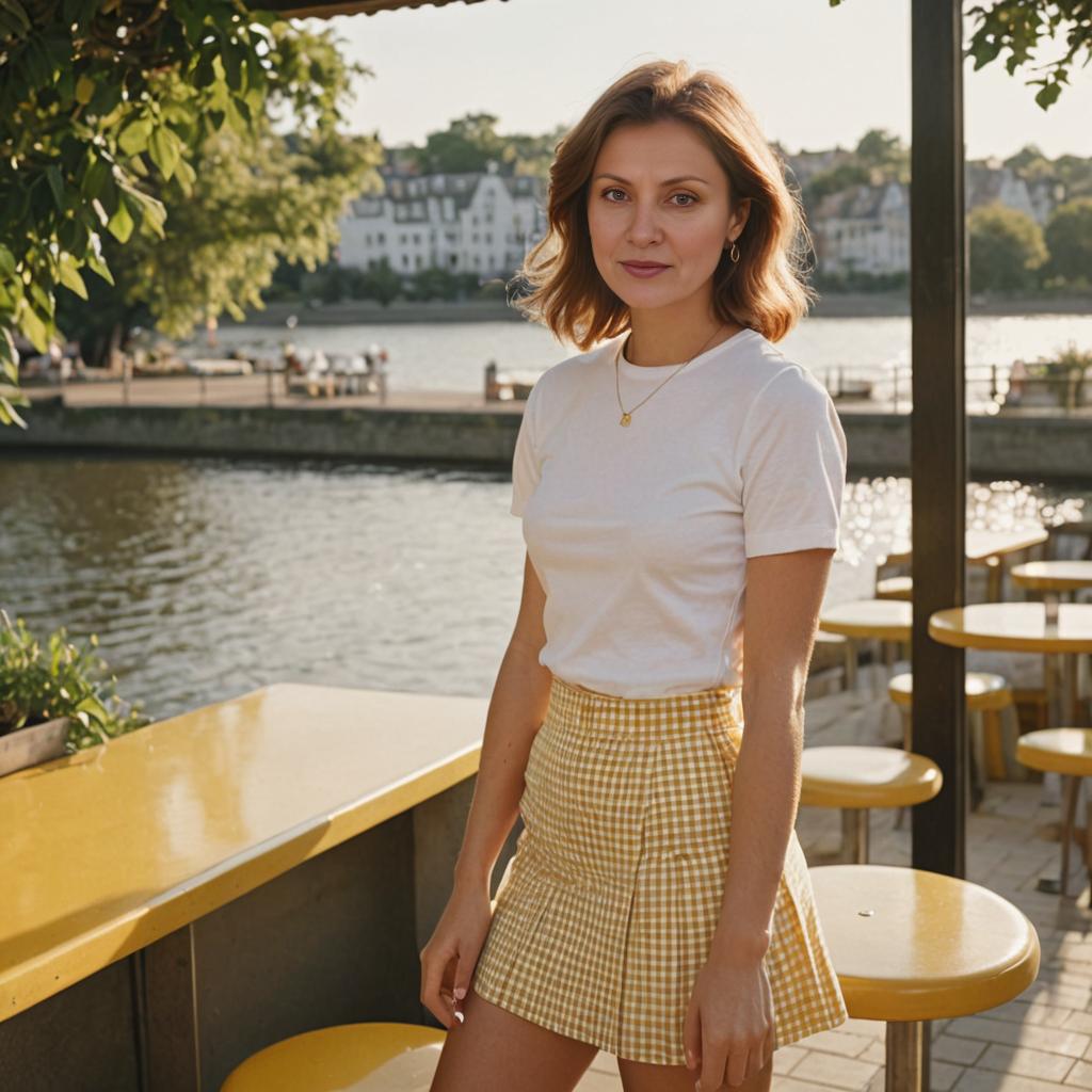 Stylish Woman in Outdoor Café at Golden Hour