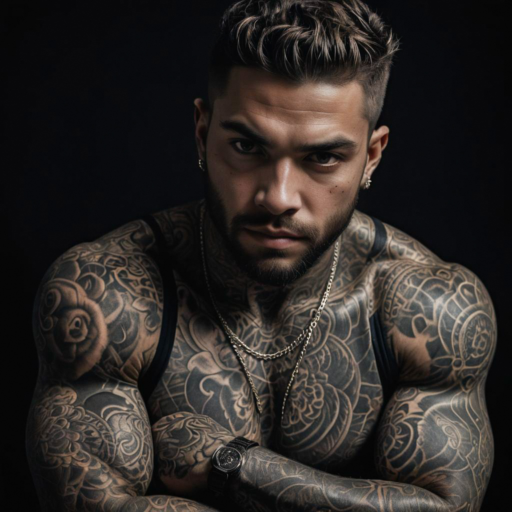 Muscular Man with Tattoos in Dramatic Lighting