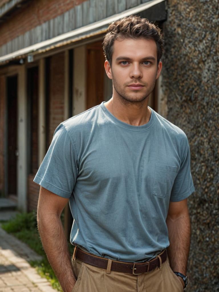 Young Man in Casual Attire by Rustic Building