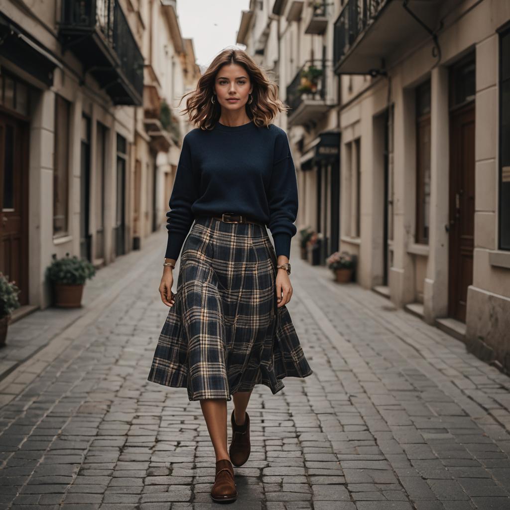 Woman Walking on Cobblestone Street in Plaid Skirt and Navy Sweater