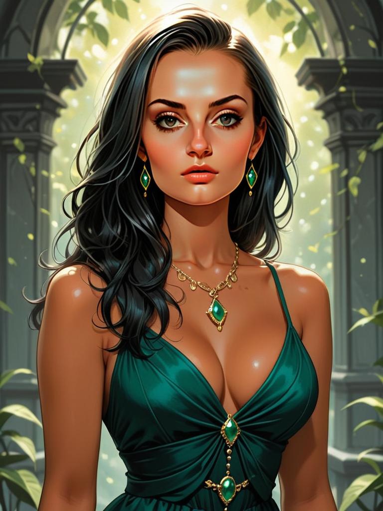 Elegant Woman in Teal Dress with Gemstone Jewelry