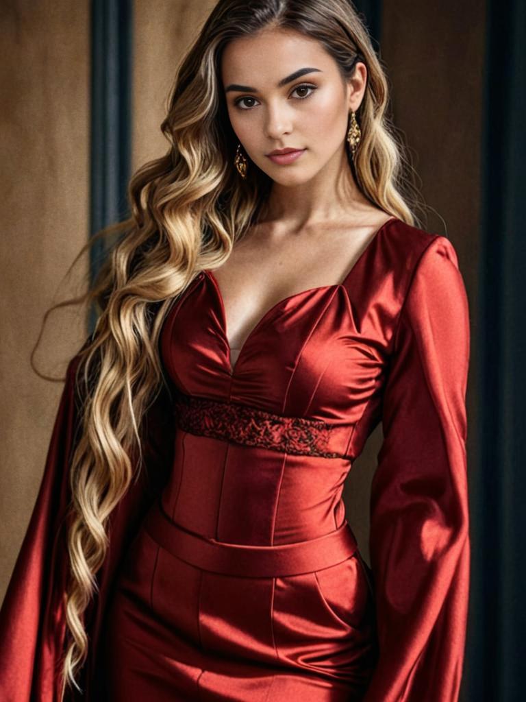 Elegant Woman in Red Satin Gown