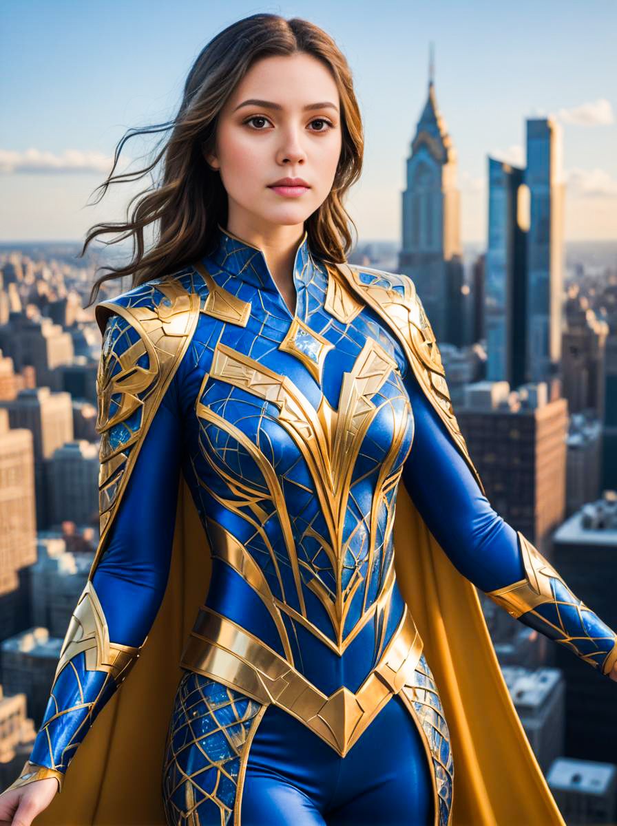 Confident Woman in Blue and Gold Superhero Costume