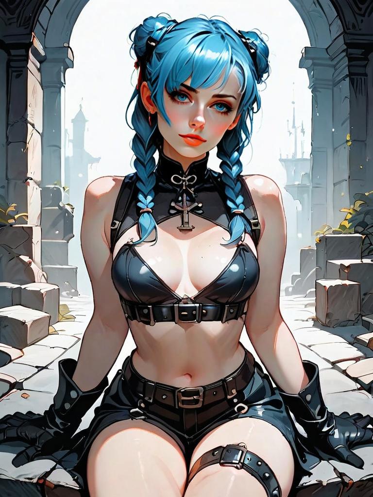 Gothic Blue-Haired Woman in Leather Outfit Sitting by Ruins Digital Art