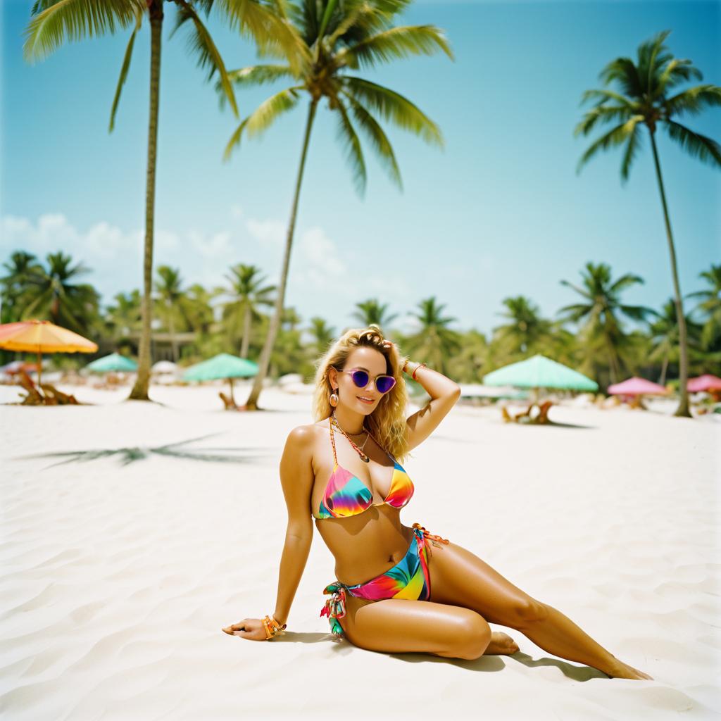 Confident Woman in Colorful Bikini at Tropical Beach