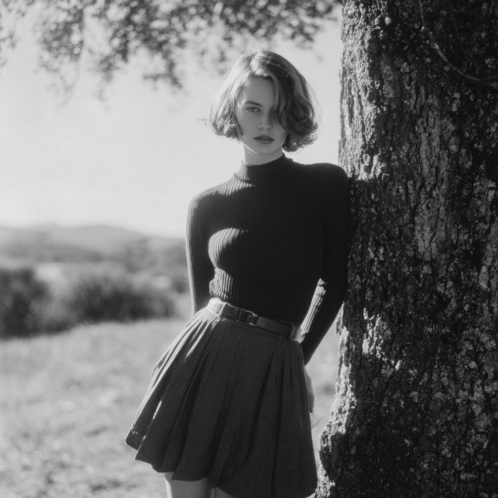 Vintage Black and White Photo of Young Woman by Tree Vintage Black and White Photo of Young Woman by Tree