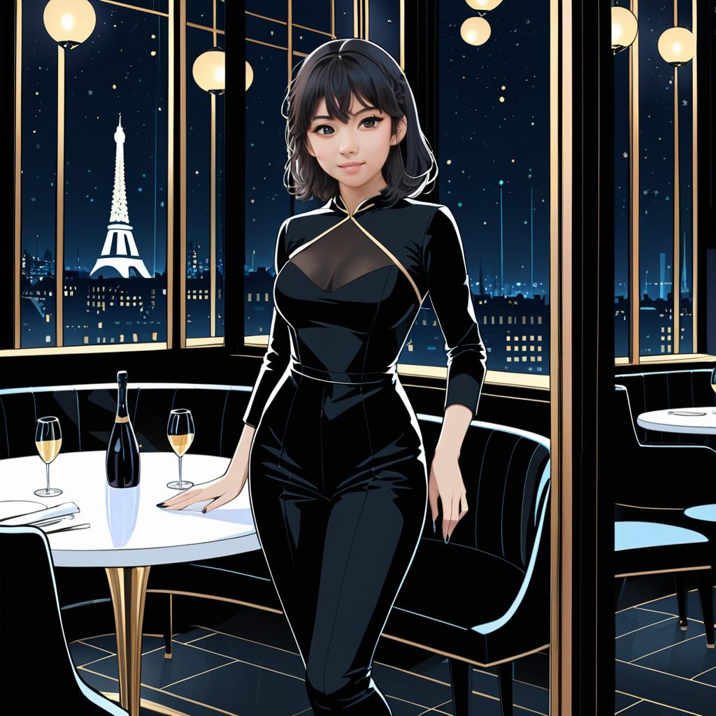 Elegant Anime Woman in Paris Restaurant