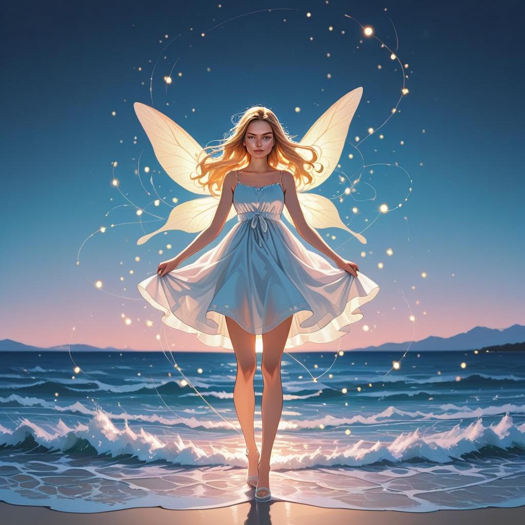 Young Woman with Glowing Wings by Ocean at Twilight Young Woman with Glowing Wings by Ocean at Twilight