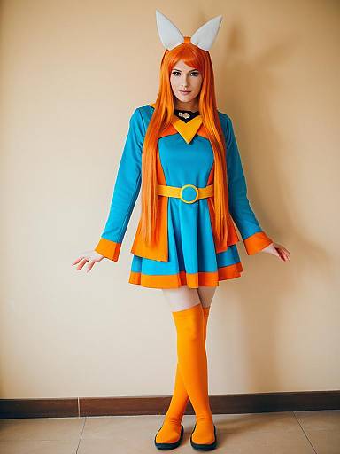 Woman Cosplaying Vibrant Blue and Orange Anime Character with Bunny Ears