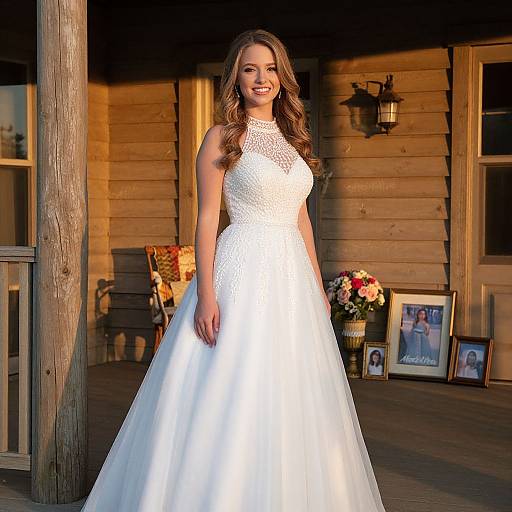 Elegant Woman in White Wedding Dress on Rustic Porch