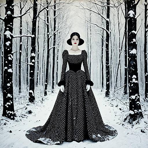 Elegant Woman in Vintage Polka Dot Gown Standing in Snowy Forest