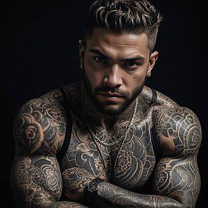 Muscular Man with Tattoos in Dramatic Lighting