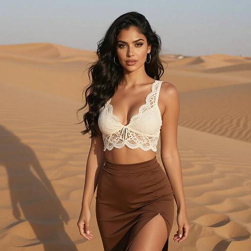 Stylish Woman in White Lace Crop Top and Brown Skirt in Desert
