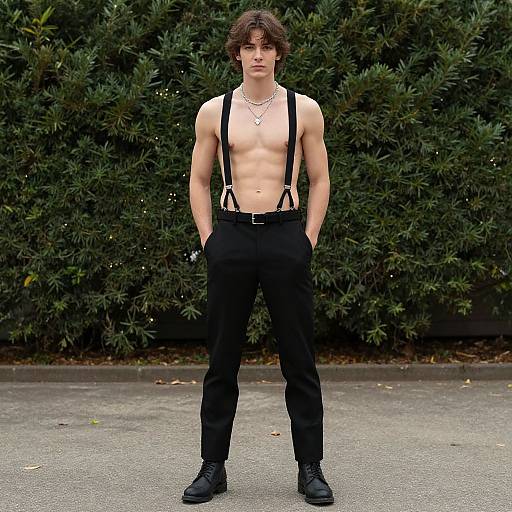 Young Man in Black Pants with Suspenders and Boots Standing Outdoors