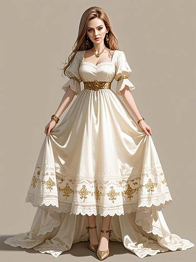 Bohemian Chic Woman in White Gold-Embroidered Dress Full Body