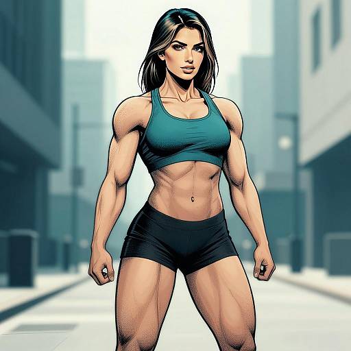 Strong Muscular Woman in Sportswear Comic Style Urban Background