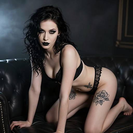 Gothic Woman in Black Lace Lingerie Posing on Leather Couch