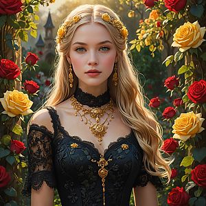 Elegant Woman in Black Lace Dress Among Roses