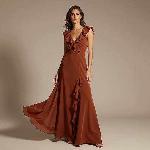 Elegant Rust Ruffle Evening Dress Worn by Woman Fashion Model