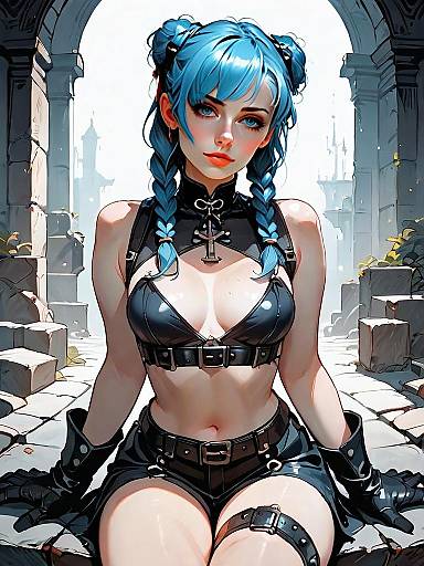 Gothic Blue-Haired Woman in Leather Outfit Sitting by Ruins Digital Art