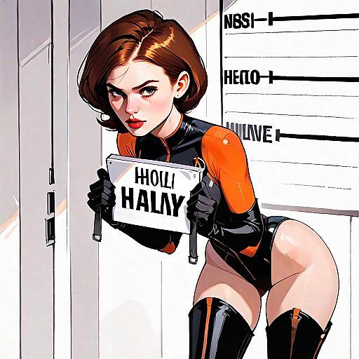 Stylized Digital Illustration of Woman in Black and Orange Bodysuit Holding Mugshot Sign